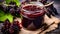 Elderberry jam nestled in a glass jar on a wooden table