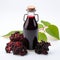 Elderberry syrup in a bottle, front view of ready to take-in syrup ripe elderberries. generative ai