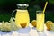 Elderflower juice with lemon on table in a garden