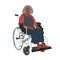 An elderly African-American woman in a red shirt is sitting in a wheelchair. Disability and independent movement