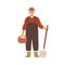 Elderly agrarian, old farmer in work dungarees standing with shovel, vegetable basket. Retired man, seasonal harvest