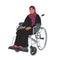 An elderly Arab woman in closed clothes is sitting in a wheelchair. Disability and nationality