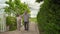 An elderly Asian man is using a walker to learn to walk around a walkway in the backyard with a wife to take care of nearby.