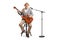 Elderly bass guitarist sitting on a high chair with microphone