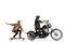 Elderly biker riding a chopper and pulling a guy on a skateboard