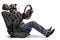 Elderly biker sitting in car seat and using VR headset