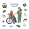 Elderly black woman in wheelchair, young nurse and nursing home items on white background. Social worker talking with