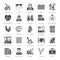 Elderly care vector flat glyph icons. Nursing home elements old people activity, wheelchair, health check, hospital call