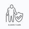 Elderly citizen care line icon. Vector outline illustration senior man medical insurance protection. Nursing home logo