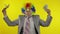 Elderly clown businessman freelancer dancing with money dollar cash banknotes