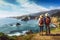 Elderly Couple Admiring Coastal Beauty, senior tourists hiking