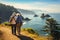 Elderly Couple Admiring Coastal Beauty, senior tourists hiking