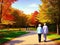 Elderly couple, Autumn Stroll of Togetherness. Generative Ai