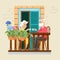 Elderly couple on balcony. Neighborhood, stay home concept. Cute old man and woman drink tea on floral terrace vector