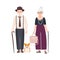 Elderly couple with canes and pet dog on leash. Pair of old man and woman dressed in elegant clothes walking together