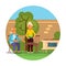 Elderly couple cooking, eating grilled sausages in backyard, vector illustration. Outdoor summer picnic, barbecue food.