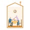 An elderly couple is drinking tea at a table, the silhouette of a house. Concept: spending time at home on self-isolation and