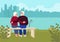 Elderly couple embracing on a city park bench, gazing at the serene city shore