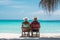 Elderly couple, gracefully settled in beach chairs, savoring the timeless tranquility of a tropical beach. Ai generated