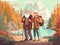 elderly couple happy grandfather active walking old senior hiking trekking. Generative AI.