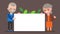 Elderly couple holding blank white board. Happy grandparent standing with big white placard. Vector cartoon illustration