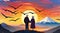 Elderly couple holding hands, taj mahal , sunset, bright sky with background, sunset art