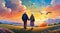 Elderly couple holding hands, taj mahal , sunset, bright sky with background, sunset art