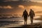 An elderly couple holding hands and walking along a peaceful beach at sunset. radiating love and companionship