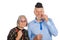 Elderly couple holding photo accessories