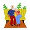 Elderly couple hugging on a sofa at home. Grandparents are sitting nearby. Pensioners love each other. illustration in cartoon