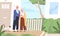 Elderly couple hugging standing together on porch of countryside house vector flat illustration. Aged man and woman with
