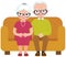 Elderly couple husband and wife sitting on couch embracing