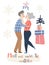 An elderly couple in love kisses under a mistletoe. Christmas card