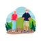 Elderly couple nordic walking in the mountains. Vector flat cartoon illustration of spring or summer outdoor leisure