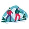 Elderly couple nordic walking in the mountains. Vector flat cartoon illustration of winter outdoor leisure