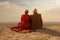 An elderly couple sits on top of a dune and looks out over the desert. generative AI