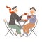 Elderly couple sitting at table in cafe or restaurant. Man and woman talking, eating and drinking at cafeteria vector