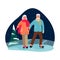 Elderly couple skate on ice rink. Vector flat cartoon illustration of winter outdoor leisure. Seniors active lifestyle