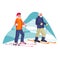 Elderly couple skiing in the mountains. Vector flat cartoon illustration of winter outdoor leisure