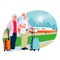 Elderly couple travel by airplane. Vector flat cartoon illustration of tourism and vacation for pensioners and seniors