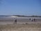 An Elderly couple walk their Dog on the Sand at Beadnell Bay in Northumberland.