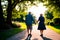 An elderly couple walking down a path holding hands.