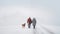 Elderly couple walking on a snowy country road with their dog. Old man and woman taking a walk. Generative AI