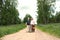 An elderly couple walks through the forest and a man gives a woman a woven basket with a bouquet of flowers of purple lupines