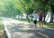 Elderly couple women walking exercise at the park in the afternoon light