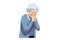 elderly depressed woman head down and crying on white background