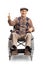 Elderly disabled man in a wheelchair showing thumbs up