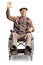 Elderly disabled man in a wheelchair waving