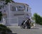 Elderly disabled person or senior with a dog on electric wheelchair