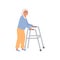 Elderly disabled woman with paddle walker. Old lady grandmother character on white background. Nursing home. Senior